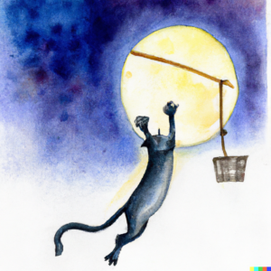 Rescue a cat and catch the moon in watercolor